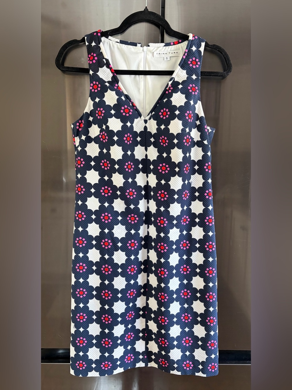 Trina Turk Designer Retro Mod Preppy Vacation Textured Cotton Shift Dress EUC 2